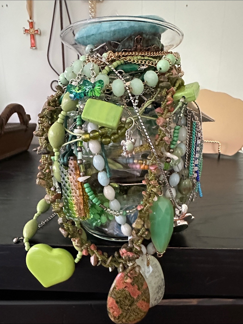 Beautiful Mystery Jewelry Jar In Assorted Green Shades.